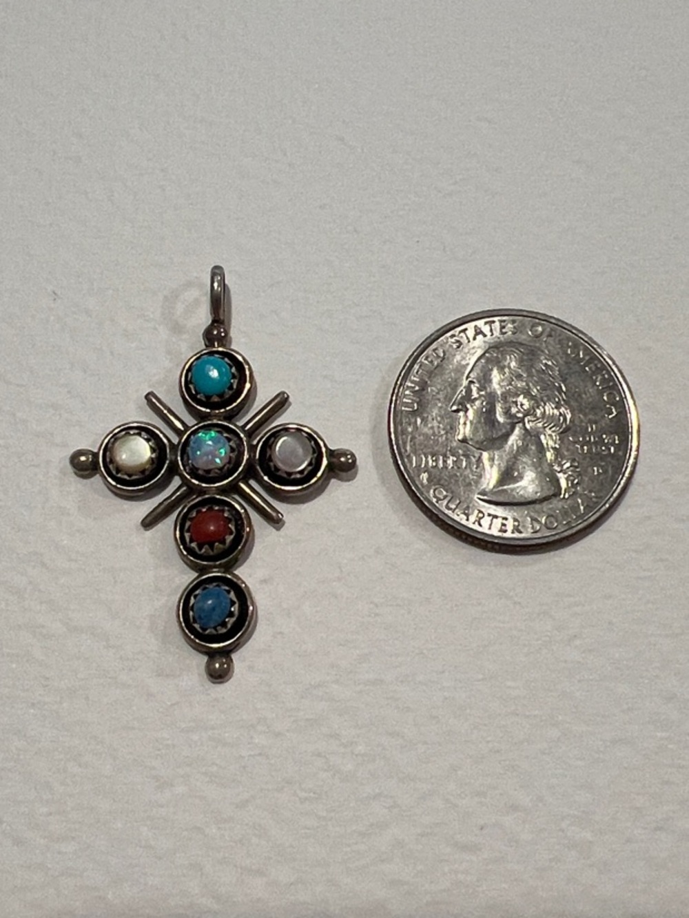 Sterling Silver Multi-Stone Cross Pendant - Turquoise, Red, Blue, Opal Accent - Picture 6 of 7